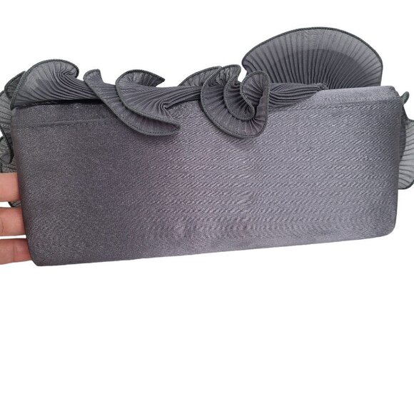 Women's Grey Ruffle Floral Pleated Convertible Clutch Satin Evening Sling Bag - Picture 5 of 8